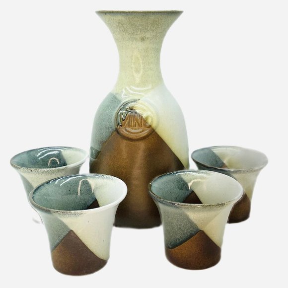 Pottery Craft Other - Vintage Rustic Art Pottery Wine Carafe + 4 Cups Lovely Drip Glaze Blue Gray USA